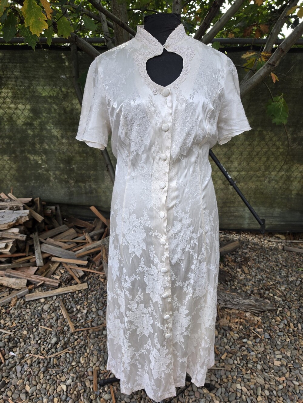 Vtg 90's Floral Satin Jacquard Keyhole Midi Dress Whimsigoth Soft Grunge